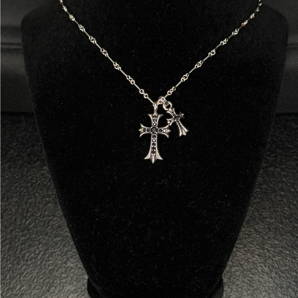 Chrome hearts floral cross black studded double stack baby cross necklace